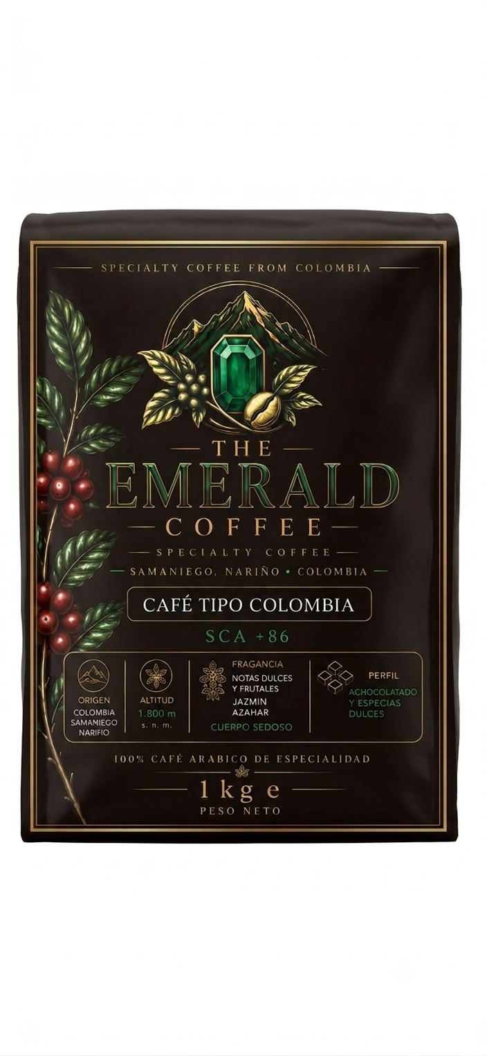 Empaque The Emerald Coffee de 1kg, café tipo Colombia, puntaje SCA +86